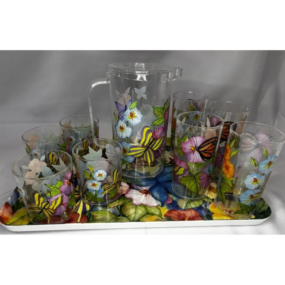 1998 KATHLEEN PARR MCKENNA SERVING TRAY, PITCHER, CUPS- FLOWERS‎ BUTTERFLY